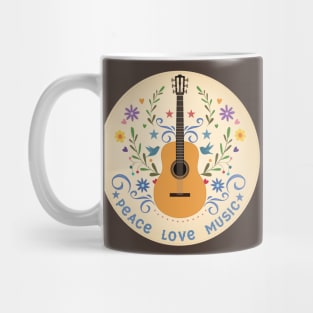 Peace Love And Music Folk Guitar Badge Mug